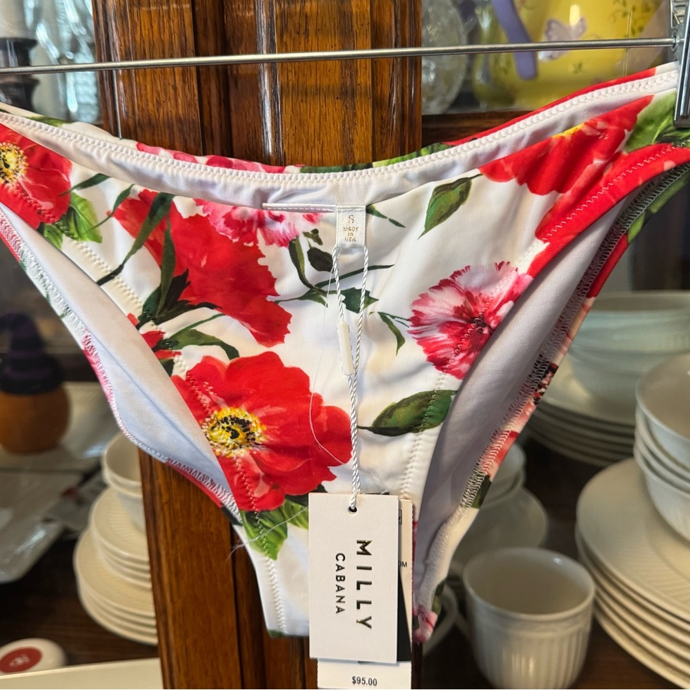 🏖️ MILLY Red and White Floral Bikini Bottoms SIZE small NEW w tags!